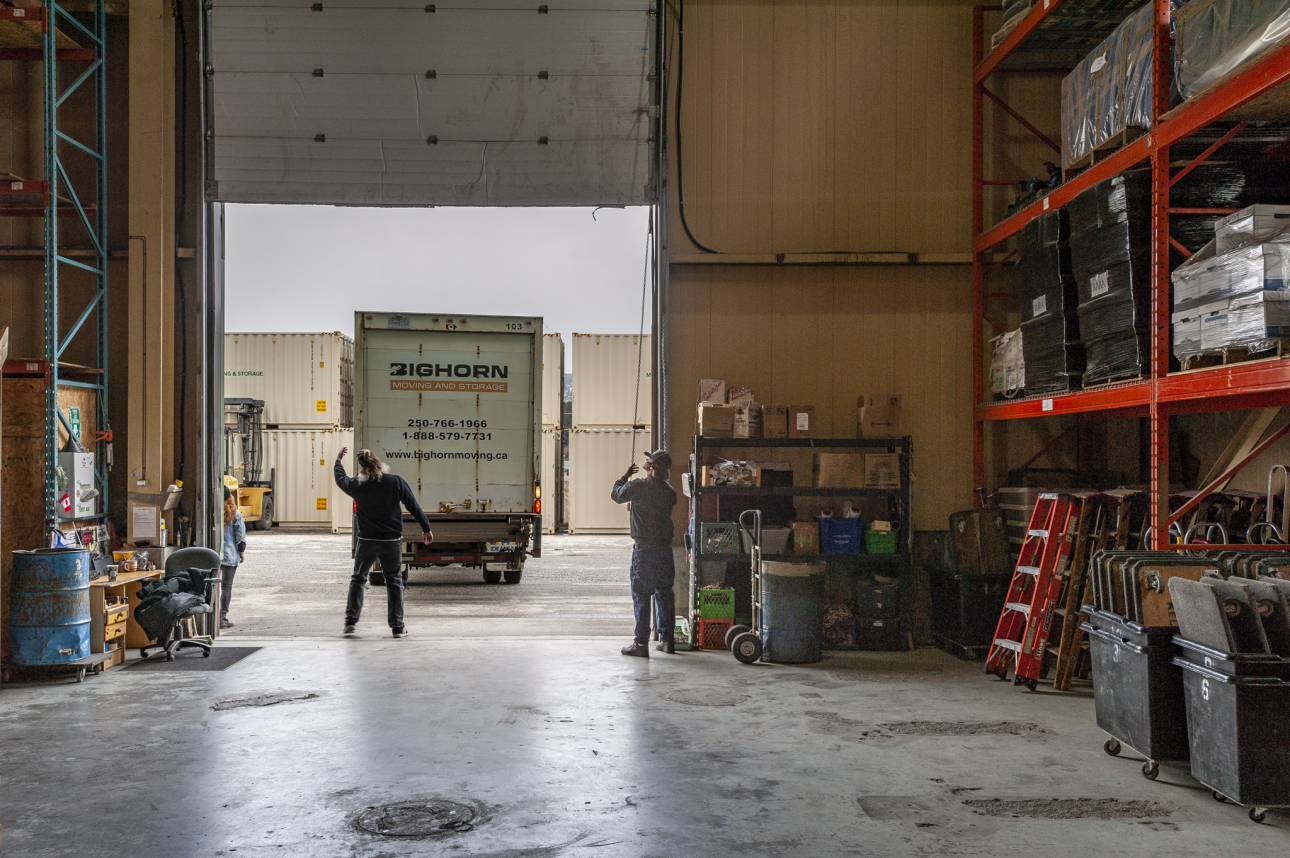 Bighorn Moving loads a truck into their secure Kelowna warehouse; the facility is used to store belongings between move dates. 
